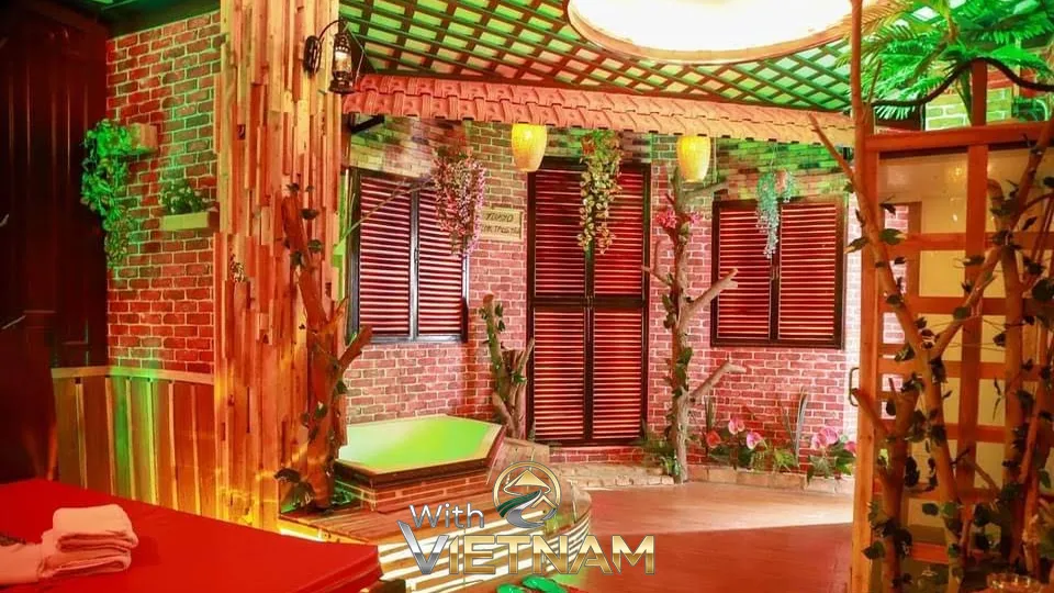 목재 인테리어와 식물로 꾸며진 자연 친화적인 스파 욕조