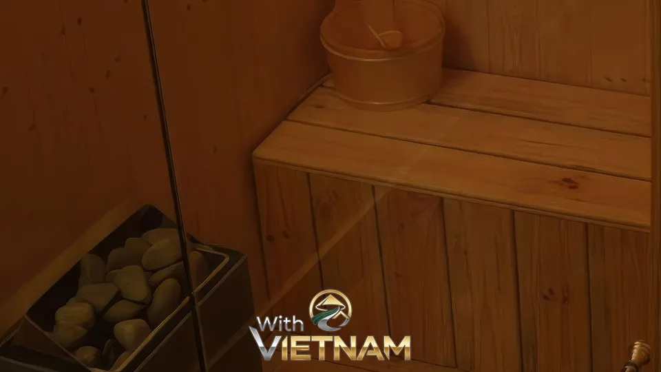 돌과 나무 양동이가 있는 건식 사우나