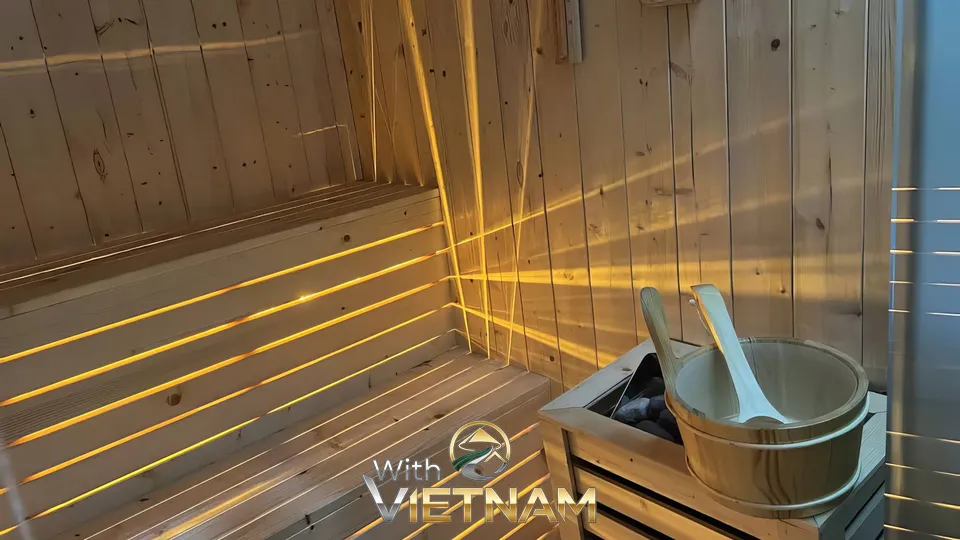 따뜻한 조명이 비치는 나무 사우나 내부