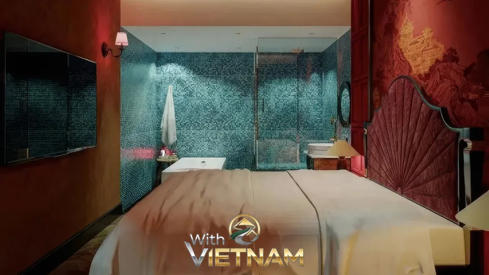 파란 타일 욕실이 있는 스파룸 침실