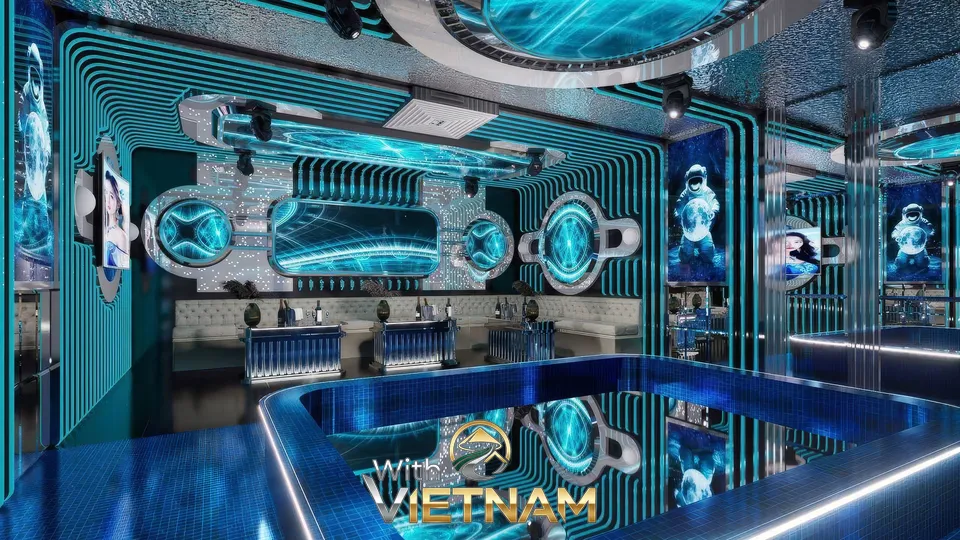 미래적인 디자인의 파란색 실내 수영장