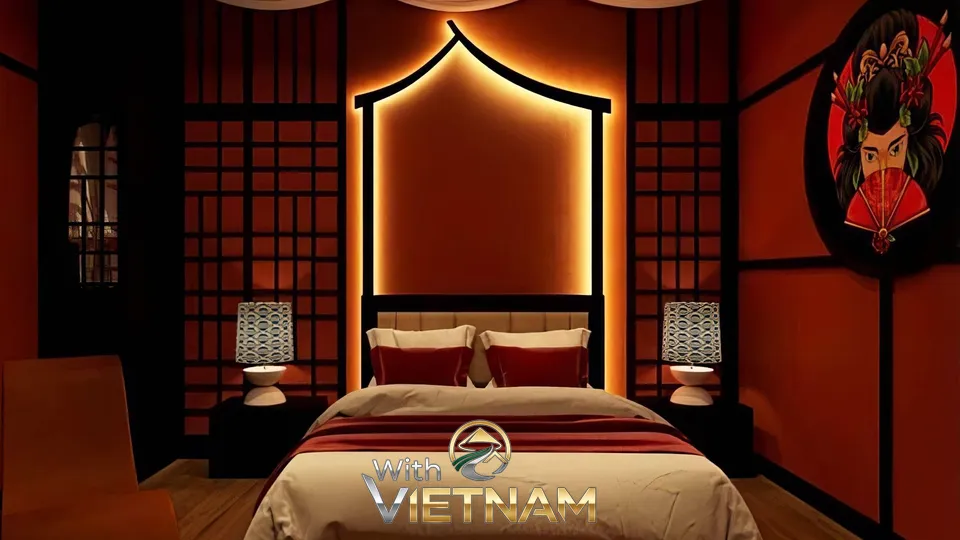 일본식 조명과 침대가 있는 방