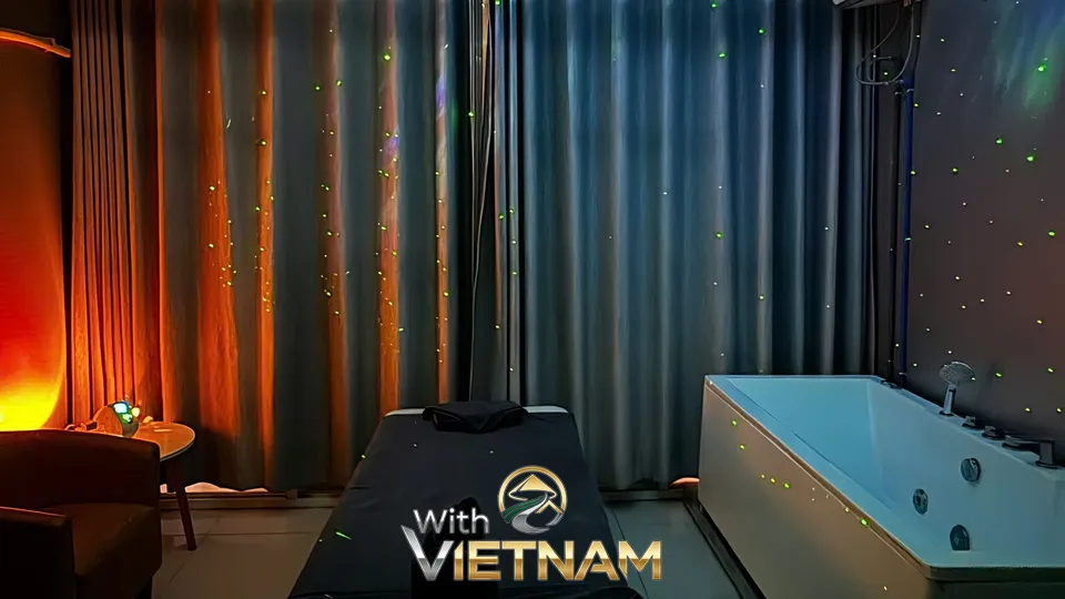 반짝이는 조명과 욕조가 있는 마사지실