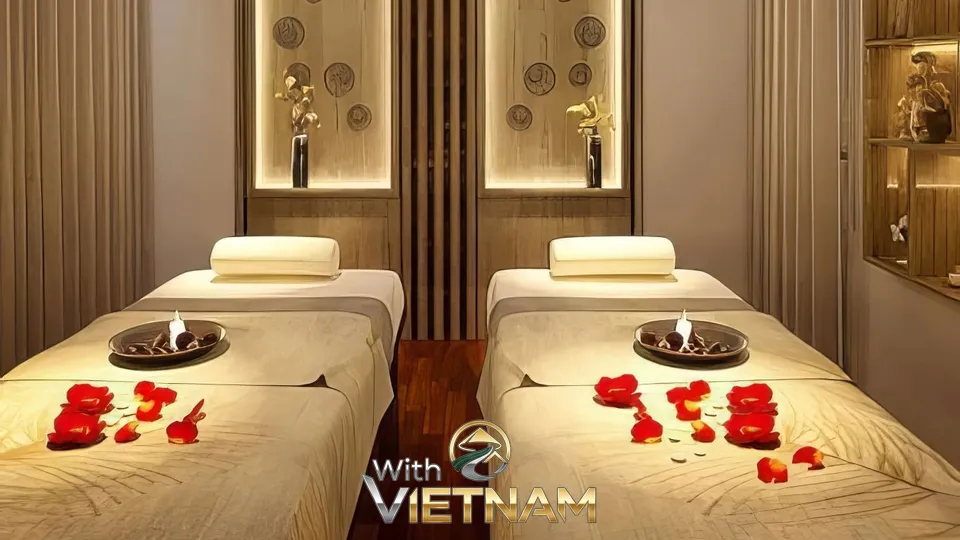 장미 꽃잎으로 장식된 커플 마사지실