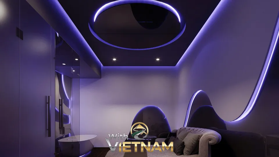 보라색 조명의 곡선 디자인 객실