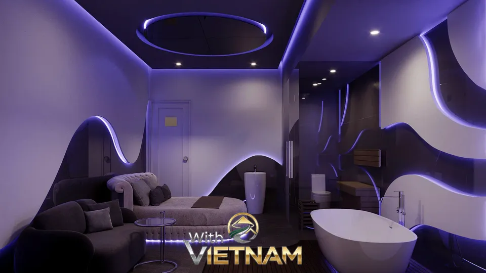 미래적인 디자인의 보라색 조명 객실