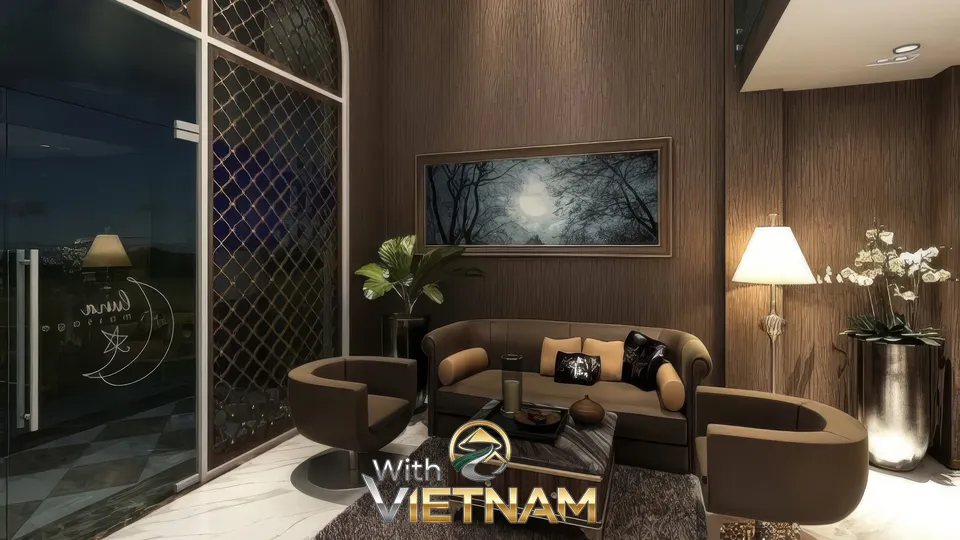 어두운 색 소파와 그림이 있는 라운지