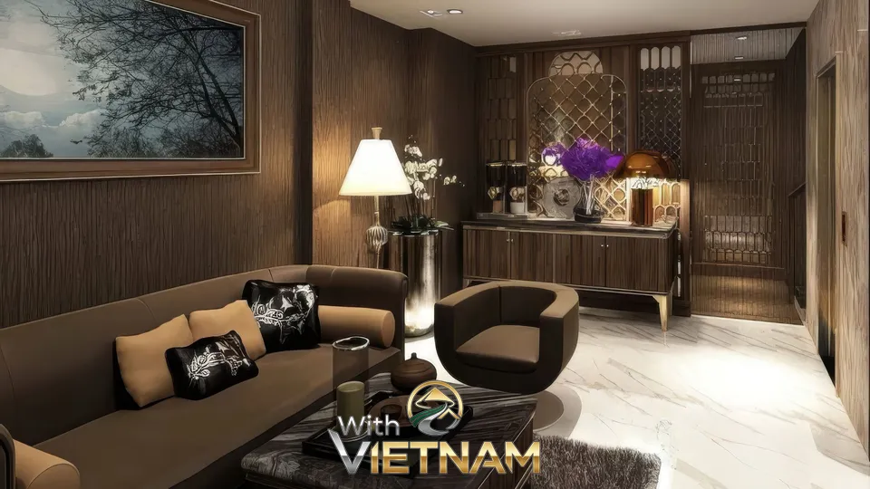 갈색 소파와 그림이 있는 라운지