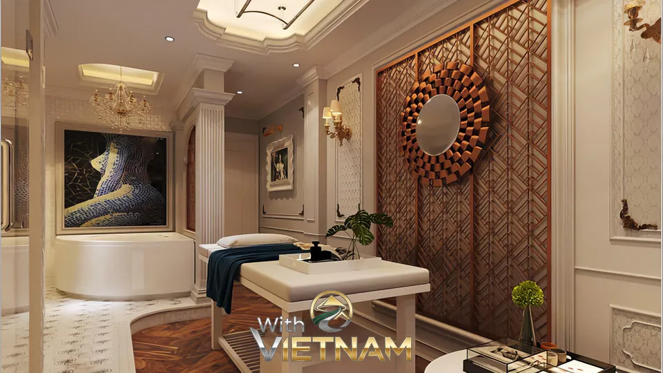 장식 거울과 욕조가 있는 스파룸