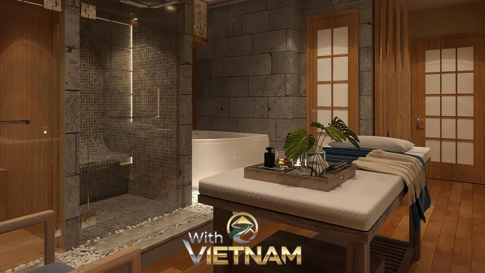 돌벽과 샤워 시설을 갖춘 마사지룸