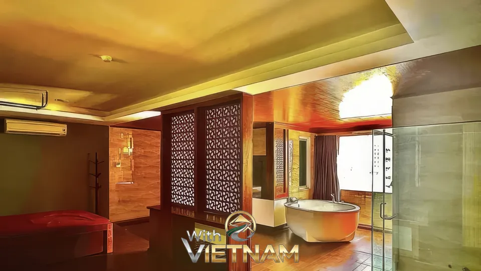 침대와 욕조가 함께 있는 넓은 방