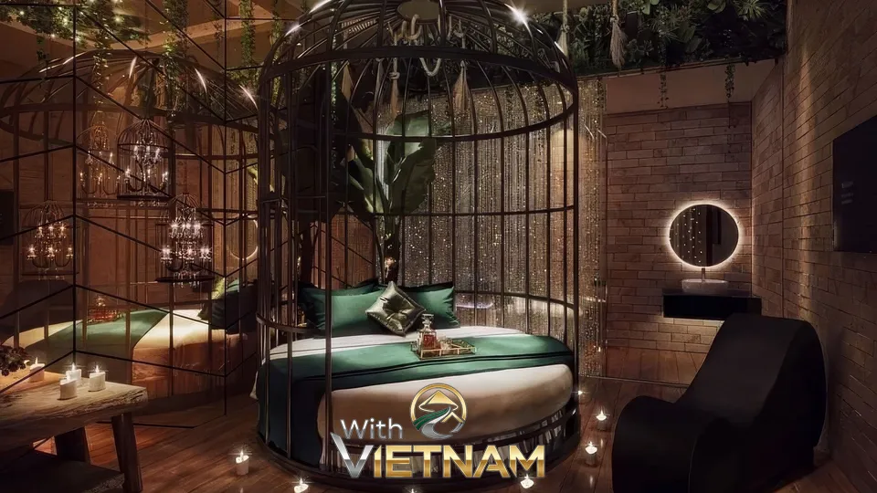 새장 디자인의 원형 침대가 있는 방