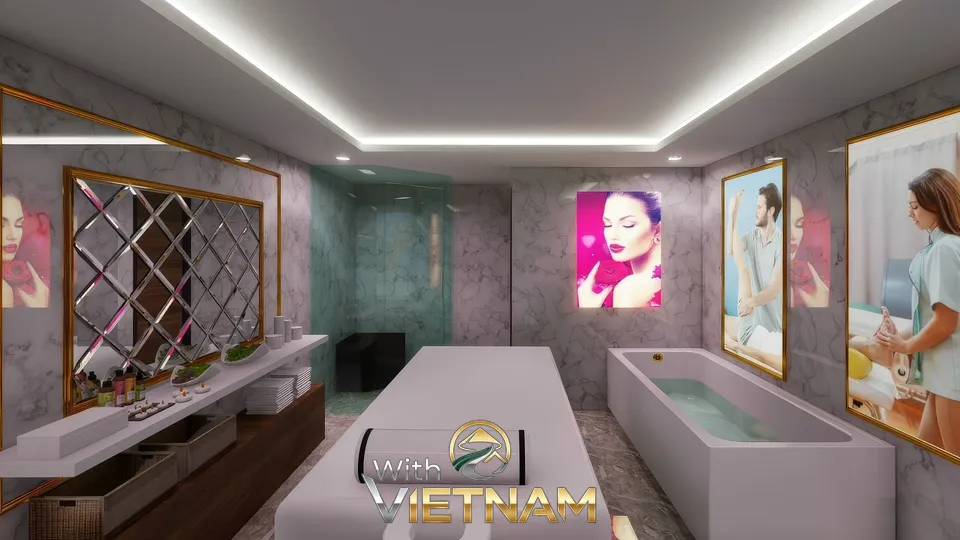 긴 욕조와 대형 거울이 있는 마사지룸