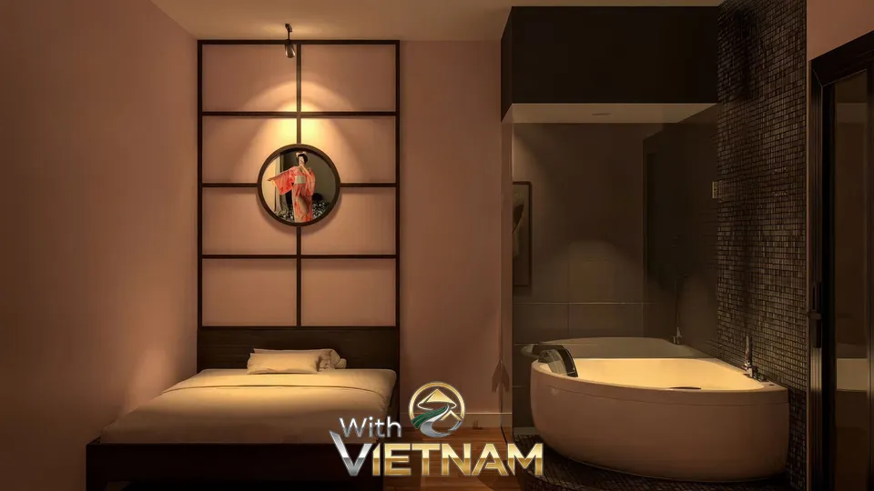 침대와 욕조가 있는 일본식 마사지룸