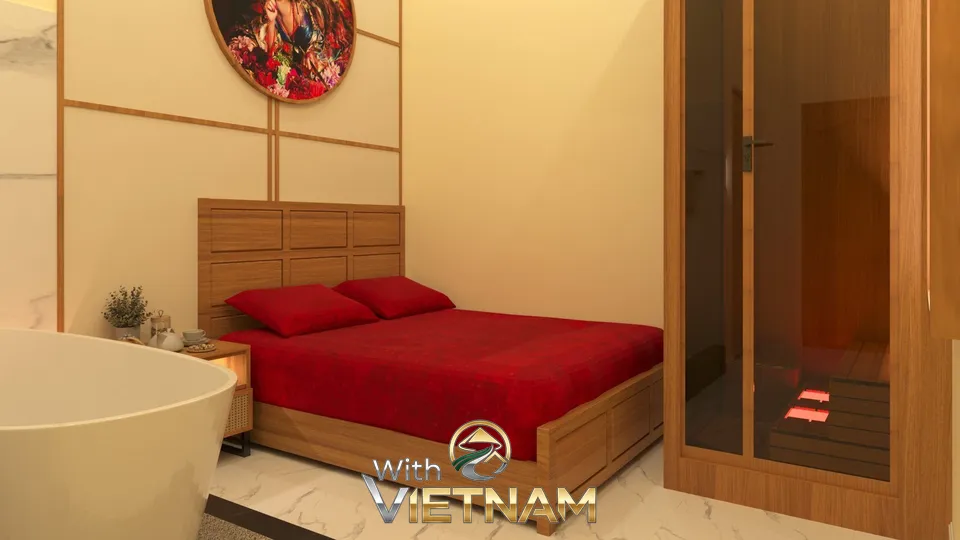 욕조와 사우나가 있는 붉은 침대의 방